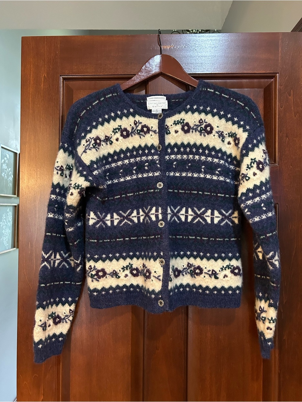 Vintage Christopher & Banks Hand Embroidered 100% Shetland Wool Cardigan M